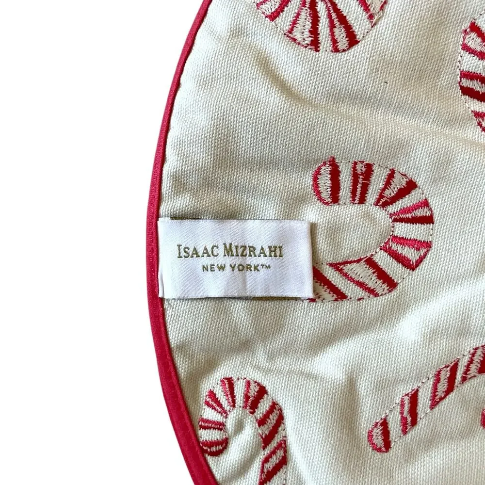 Isaac Mizrahi CANDY CANE Christmas Placemats 15in Embroidered Cotton Pink & Red
